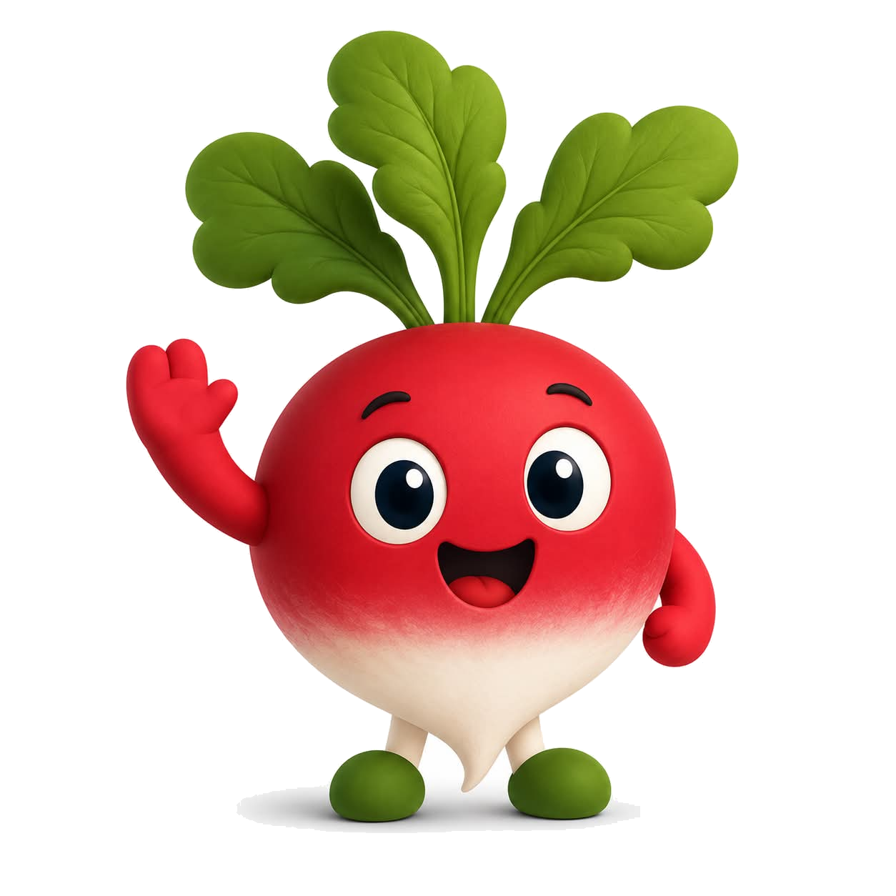 Pip, the NRWF radish mascot, sprouting out of garden soil and waving